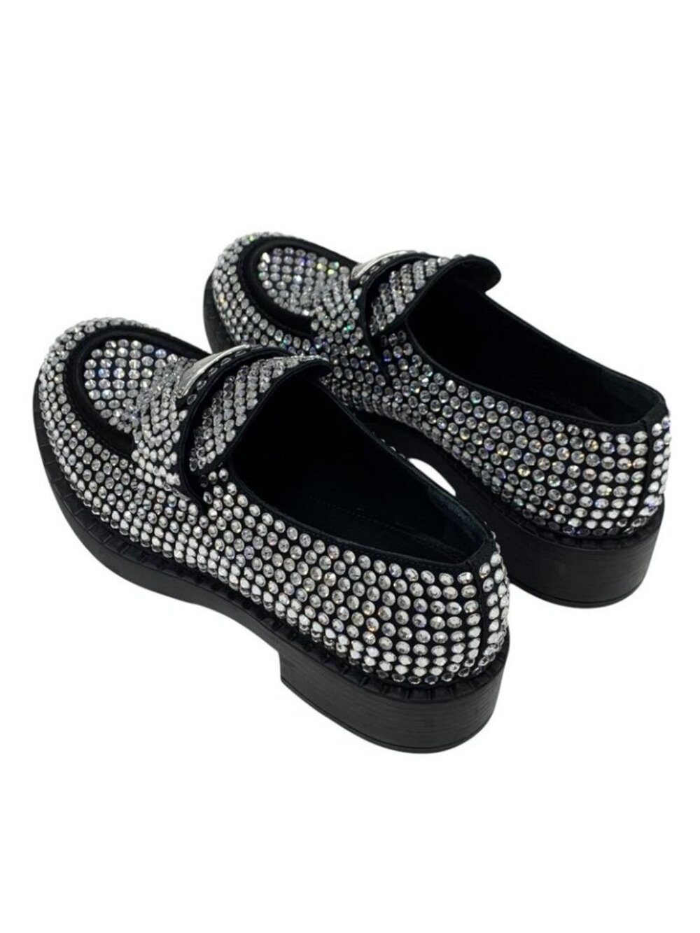 Prada Loafers Leather Shoes Satin Black Crystal Rhinestone Logo Plate - Picture 5 of 11